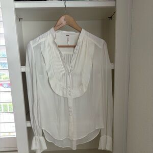 Free People Ruffle Pintuck Ivory All Shook Up Long Sleeve Hi Lo Blouse Top  XS